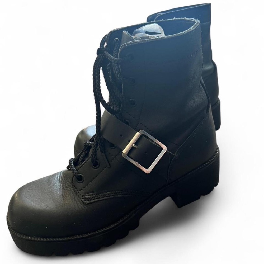 Double H black leather lace-up combat boots with buckle Size 7.5 - Picture 5 of 8